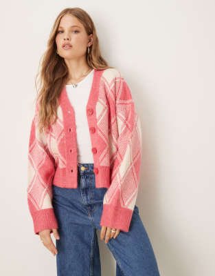 ASOS DESIGN - Kastige Strickjacke mit Rautenmuster-Rosa