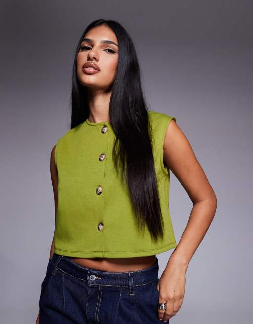 ASOS DESIGN – Kastige Weste in Olivgrün mit kurzem Schnitt und breiter Schulterpartie