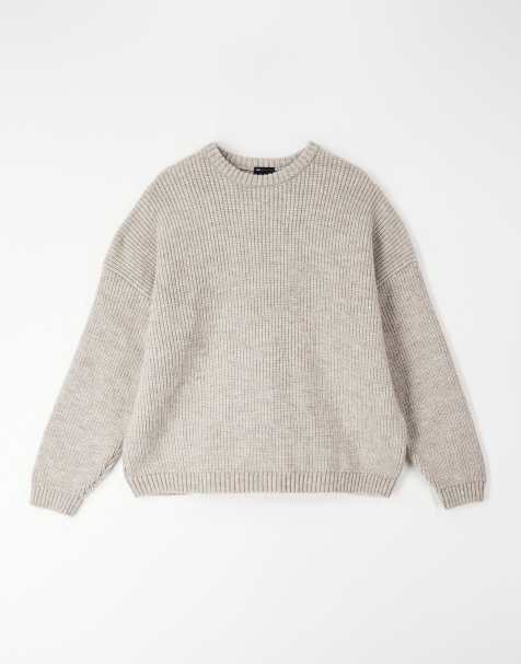 ASOS DESIGN – Kastiger, gerippter Oversize-Strickpullover in Beige mit Patentmuster - view 1