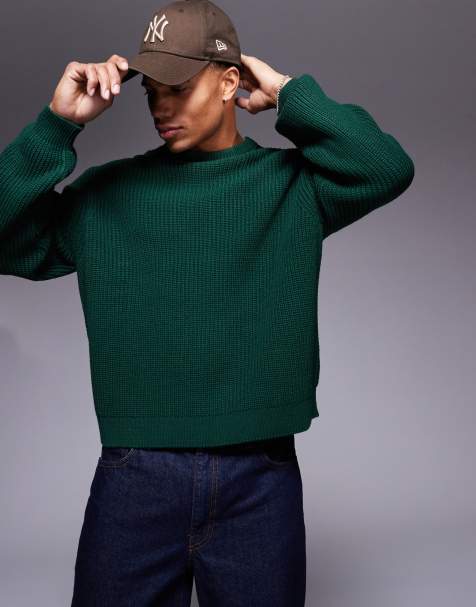 ASOS DESIGN – Kastiger, gerippter Oversize-Strickpullover in Dunkelgrün mit Patentmuster - view 1