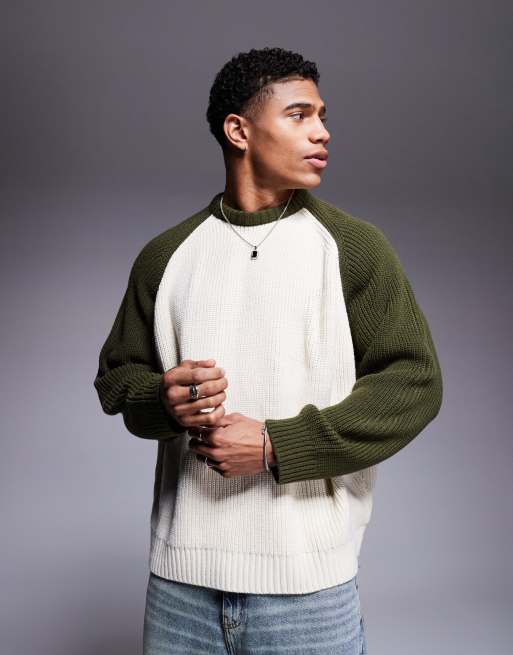 ASOS DESIGN – Kastiger, gerippter Strickpullover in Dunkelgrün mit Raglanärmeln, Super-Oversize-Passform und Patentmuster