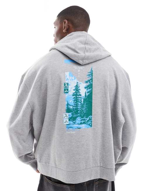 ASOS DESIGN – Kastiger Kapuzenpullover in Grau meliert mit extremer Oversize-Passform und Fotoprint hinten