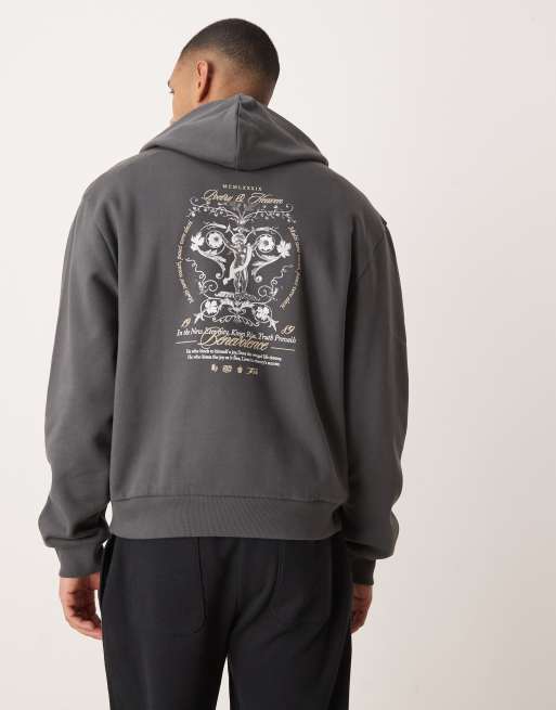 ASOS DESIGN – Kastiger Oversize-Kapuzenpullover in Anthrazit mit Rückenprint