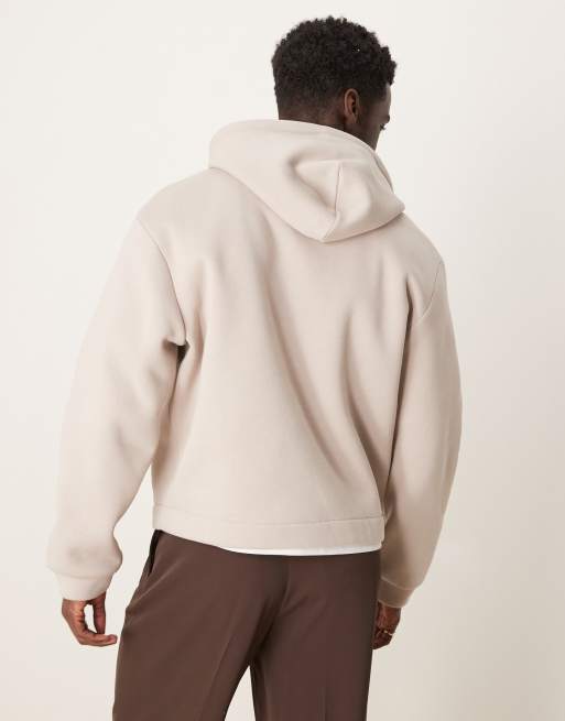 ASOS DESIGN Kastiger Oversize Kapuzenpullover in Beige mit halbem ReiBverschluss