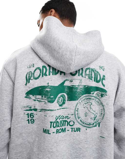 ASOS DESIGN – Kastiger Oversize-Kapuzenpullover in Grau mit Auto-Print