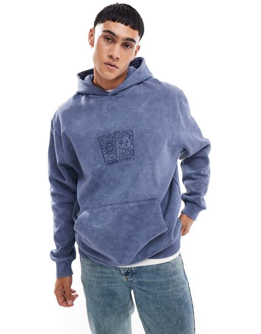 ASOS DESIGN – Kastiger Oversize-Kapuzenpullover in indigoblauer Vintage-Waschung mit Stickerei