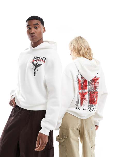 ASOS DESIGN – Kastiger Oversize-Kapuzenpullover in Wollweiß mit Nirvana-Lizenzprints, unisex - view 1
