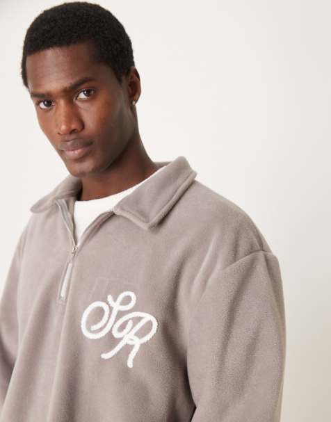 ASOS DESIGN – Kastiger Oversize-Polopullover aus Fleece in Beige mit tief angesetzter Schulter - view 1