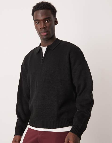 ASOS DESIGN – Kastiger Oversize-Polopullover aus Strick in Schwarz mit kurzem Reißverschluss - view 1