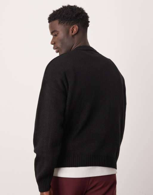 ASOS DESIGN – Kastiger Oversize-Polopullover aus Strick in Schwarz mit kurzem Reißverschluss, 3 von 4