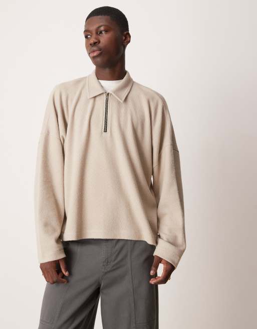 ASOS DESIGN – Kastiger Oversize-Pullover aus schwerem Material in Beige mit überschnittener Schulter und Polokragen , 2 von 4