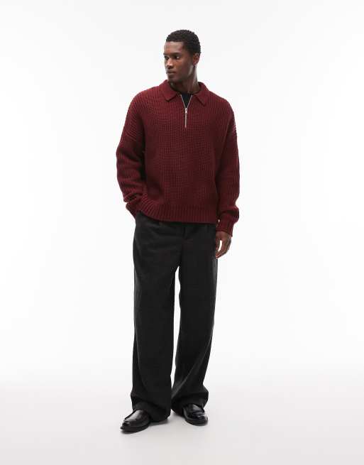 ASOS DESIGN – Kastiger Oversize-Strickpullover aus schwerem Wollmix in Burgunderrot mit kurzem Reißverschluss, 2 von 5