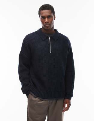 Kastiger Oversize-Strickpullover aus schwerem Wollmix in Marineblau mit kurzem Reißverschluss Marineblau XL