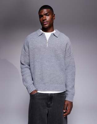 Kastiger Oversize-Strickpullover aus schwerem Wollmix in meliertem Grau mit kurzem Reißverschluss Grau XS