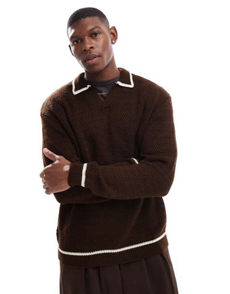 ASOS DESIGN – Kastiger Oversize-Strickpullover in Braun mit farblich abgesetztem Kragen - view 1