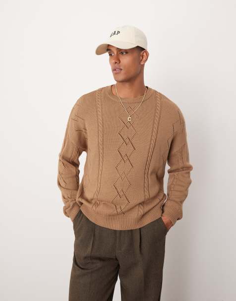 ASOS DESIGN – Kastiger Oversize-Strickpullover in Braun mit Zopfmuster - view 1