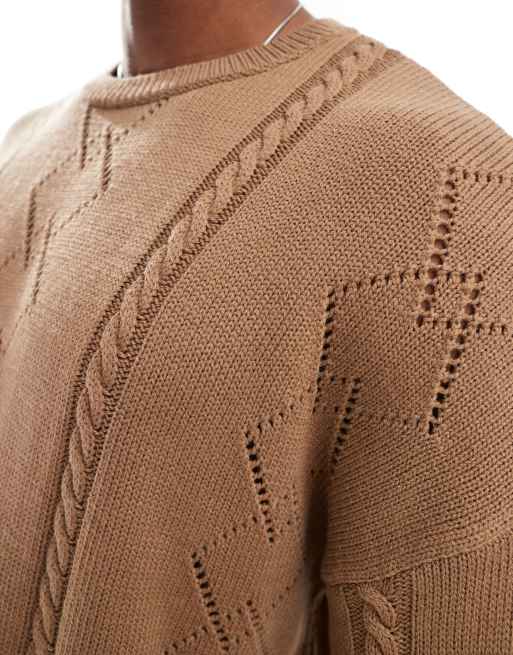 ASOS DESIGN – Kastiger Oversize-Strickpullover in Braun mit Zopfmuster, 4 von 4