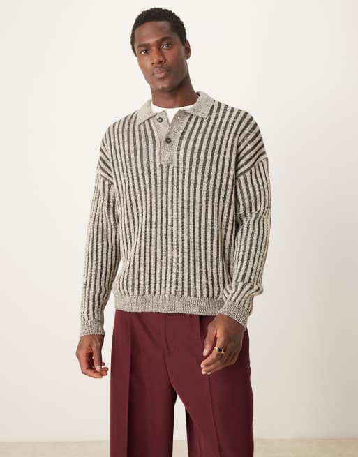ASOS DESIGN – Kastiger Polo-Strickpullover in geripptem Beige mit Oversize-Schnitt