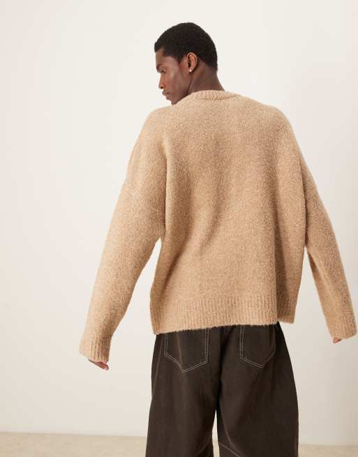 ASOS DESIGN – Kastiger Polopullover aus strukturiertem Strick in Beige mit extremer Oversize-Passform und Tasche, 2 von 4