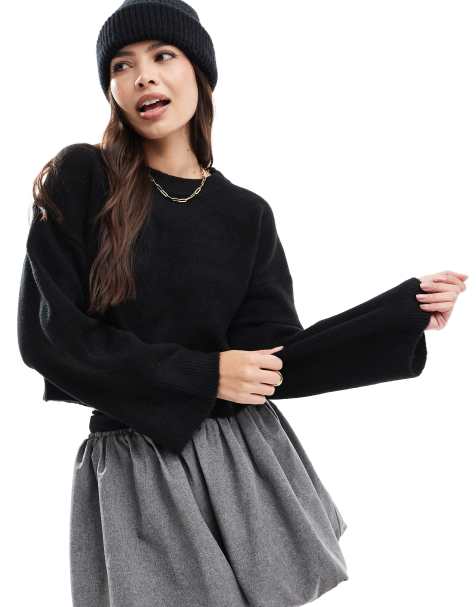 ASOS DESIGN – Kastiger Pullover in Schwarz mit Rundhalsausschnitt und breiten Bündchen - view 1