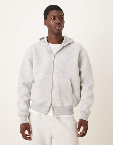 ASOS DESIGN – Kastiger Relaxed-Fit-Kapuzenpullover aus schwerem, neoprenartigem Stoff in meliertem Grau mit Reißverschluss - view 1