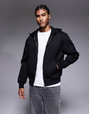 Kastiger Relaxed-Fit-Kapuzenpullover aus schwerem, neoprenartigem Stoff in Schwarz mit Reißverschluss Schwarz XL