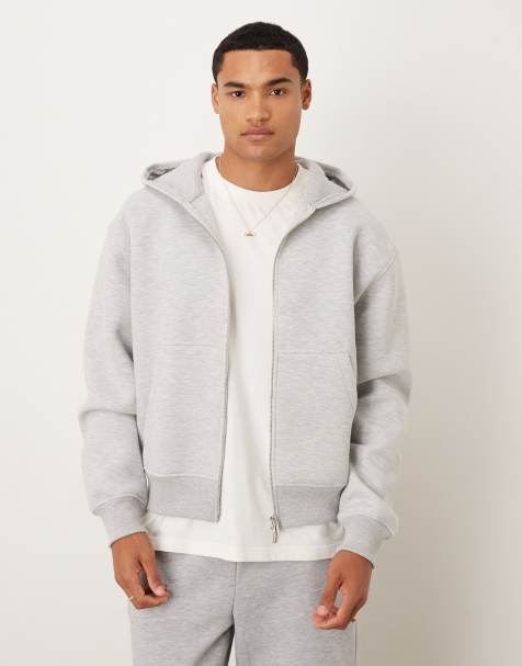 ASOS DESIGN – Kastiger Relaxed-Fit-Kapuzenpullover aus schwerem Stoff in Neoprenoptik in Eisgrau mit Reißverschluss - view 1