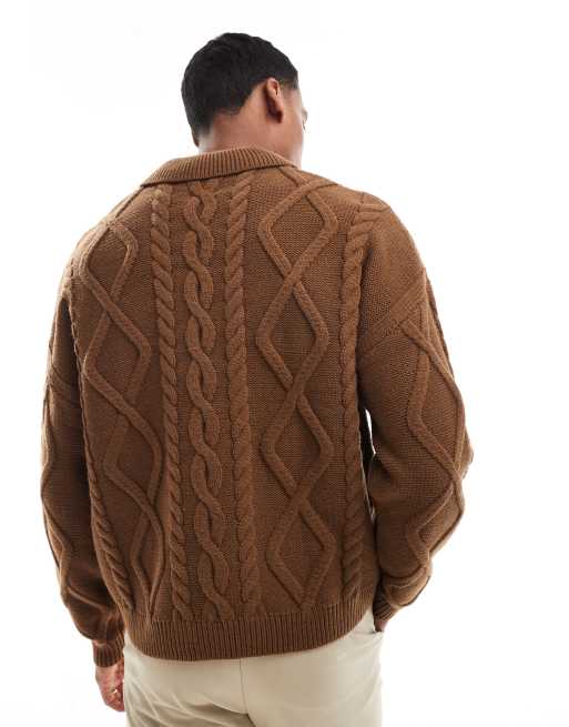 ASOS DESIGN – Kastiger, schwerer Oversize-Strickpullover aus Wollmix in Braun meliert mit Kragen und Zopfmuster, 2 von 4