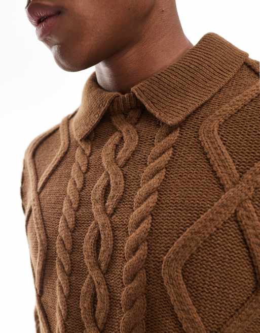ASOS DESIGN – Kastiger, schwerer Oversize-Strickpullover aus Wollmix in Braun meliert mit Kragen und Zopfmuster, 3 von 4