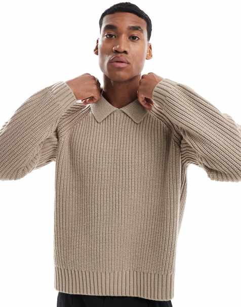 ASOS DESIGN – Kastiger, schwerer Oversize-Strickpullover aus Wollmix in Taupe mit Kragen und Zopfmuster - view 1