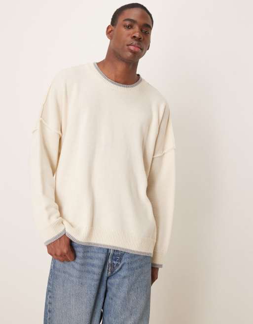 ASOS DESIGN – Kastiger Strickpullover in Beige mit Ziernaht und grauem Zierstreifen in extremer Oversize-Passform