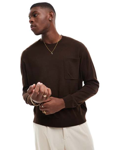 ASOS DESIGN – Kastiger Strickpullover in Braun mit Oversize-Passform und Tasche vorne - view 1
