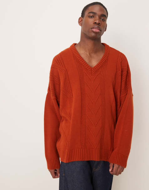 ASOS DESIGN – Kastiger Strickpullover in Dunkel-Orange mit Maschendetail und V-Ausschnitt in extremer Oversize-Passform - view 1