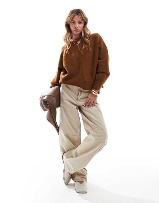 ASOS DESIGN – Kastiger Strickpullover in Ingwerbraun mit Rundhalsausschnitt