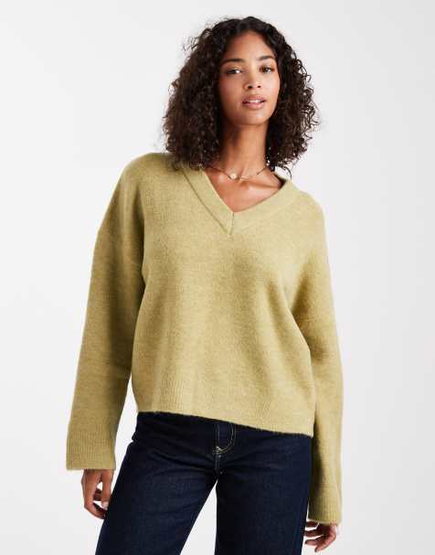 ASOS DESIGN – Kastiger Strickpullover in Pistaziengrün mit V-Ausschnitt - view 1