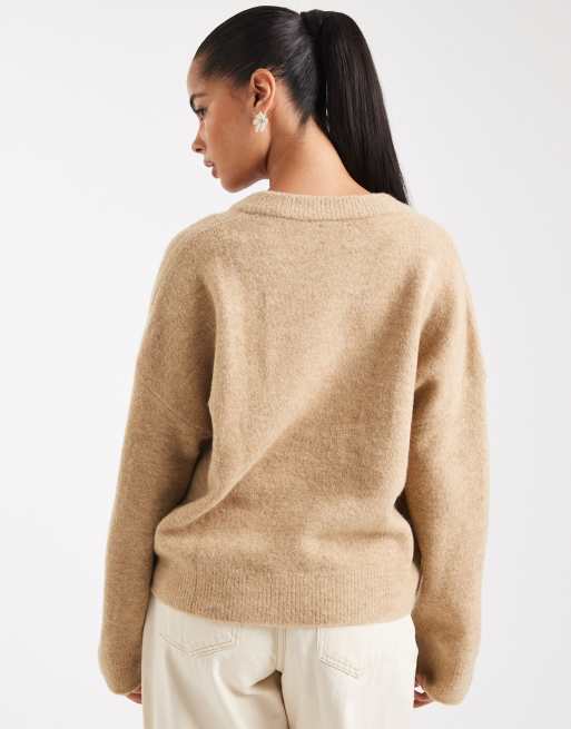 ASOS DESIGN – Kastiger Strickpullover in Roggen-Beige mit V-Ausschnitt, 4 von 4