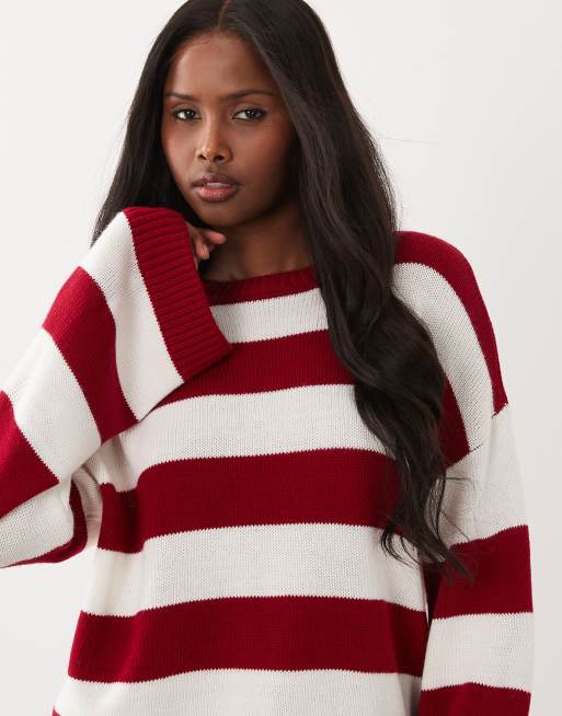 ASOS DESIGN – Kastiger Strickpullover in Rot und Ecru mit breiten Streifen, 3 von 4