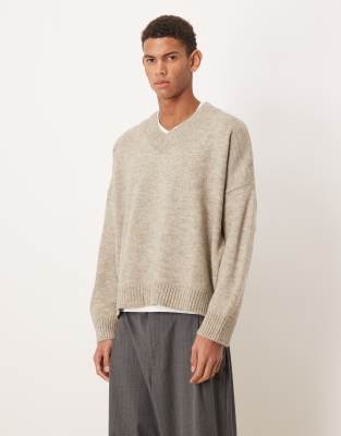 Kastiger Strickpullover in Taupe mit extremer Oversize-Passform und V-Ausschnitt-Brown Brown L