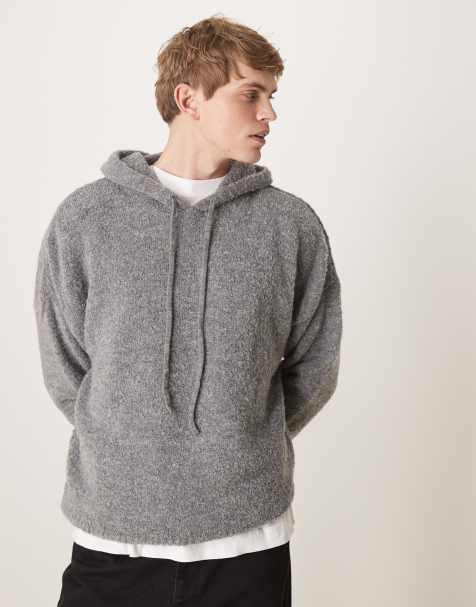 ASOS DESIGN – Kastiger, strukturierter Oversize-Kapuzenpullover aus Strick in meliertem Grau - view 1