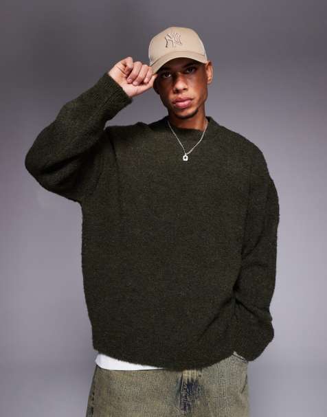 ASOS DESIGN – Kastiger, strukturierter Oversize-Strickpullover in Khaki mit Rundhalsausschnitt - view 1