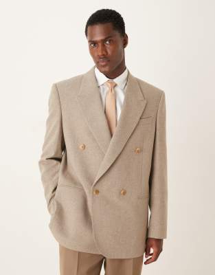 Kastiger, zweireihiger Anzug-Blazer in Beige mit Wollanteil, lockerer Passform und kleinem Karomuster-Neutral Neutral 52 Regular