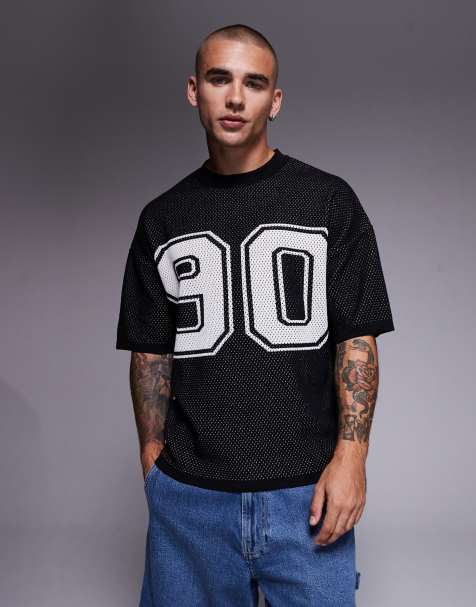 ASOS DESIGN – Kastiges Airtex-T-Shirt aus Strick in Schwarz mit Relaxed-Fit und 90-Grafik - view 1