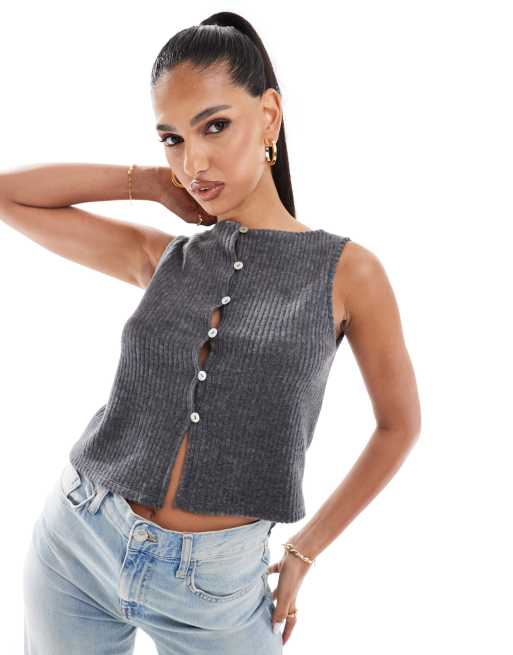 ASOS DESIGN – Kastiges, angerautes Oberteil in geripptem Anthrazit mit U-Boot-Ausschnitt