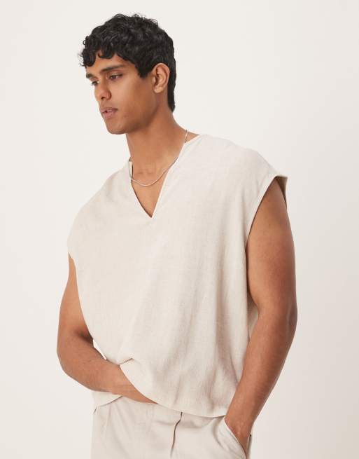 ASOS DESIGN – Kastiges, ärmelloses Hemd aus Leinen zum Hineinschlüpfen in Steinbeige