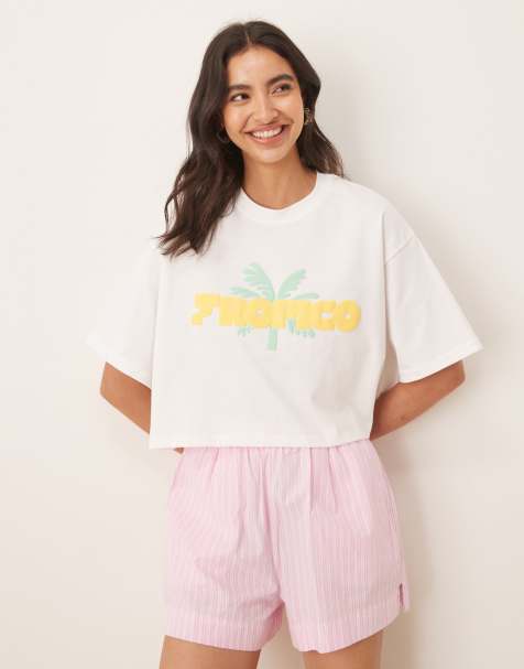 ASOS DESIGN – Kastiges Cropped-T-Shirt in Weiß mit tropischer Grafik - view 1