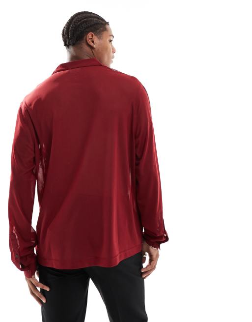 ASOS DESIGN – Kastiges, durchscheinendes Hemd in Burgunderrot mit Stretchanteil und tiefem Reverskragen , 4 von 4