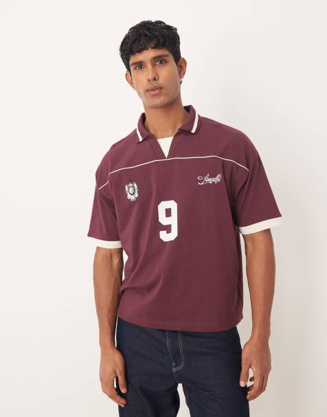 ASOS DESIGN – Kastiges Fußball-Polohemd in Burgunderrot mit Oversize-Passform und Paspelierung - view 1
