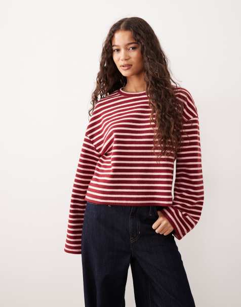 ASOS DESIGN – Kastiges, gebürstetes Oberteil in Burgunderrot mit Streifen und weiten Ärmeln - view 1