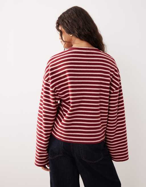 ASOS DESIGN – Kastiges, gebürstetes Oberteil in Burgunderrot mit Streifen und weiten Ärmeln, 2 von 4