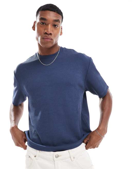 ASOS DESIGN – Kastiges, geripptes T-Shirt in Blau mit lockerem Schnitt